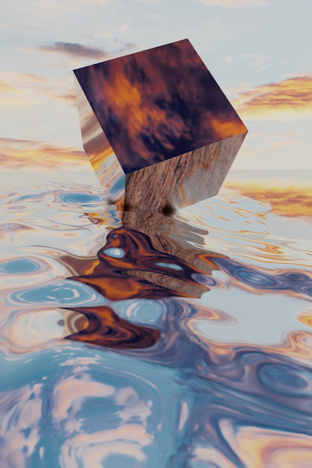 a wooden block floating on top of a body of water