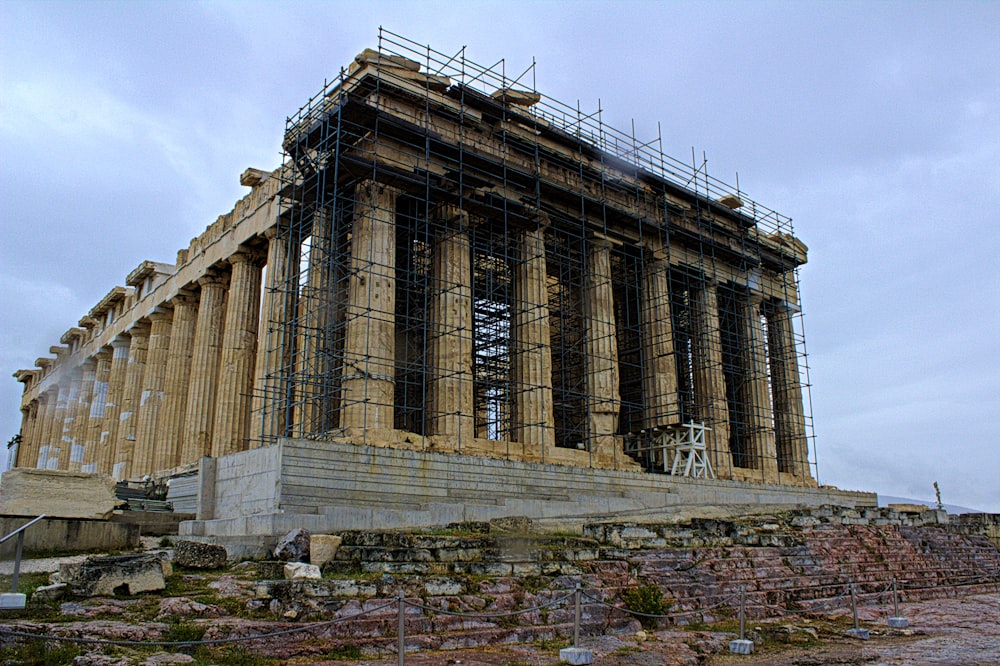 the part of a building with scaffolding around it