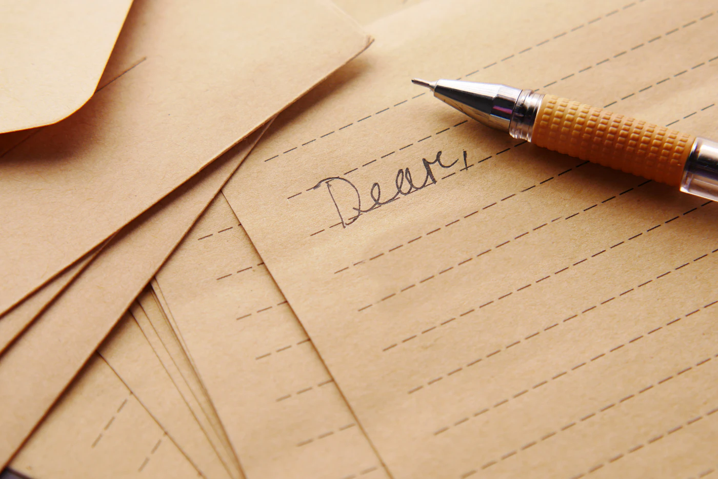 A handwritten letter on cream paper beginning with the word Dear, a pen resting on top and envelopes underneath