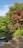 A serene garden pond surrounded by lush greenery and flowers.