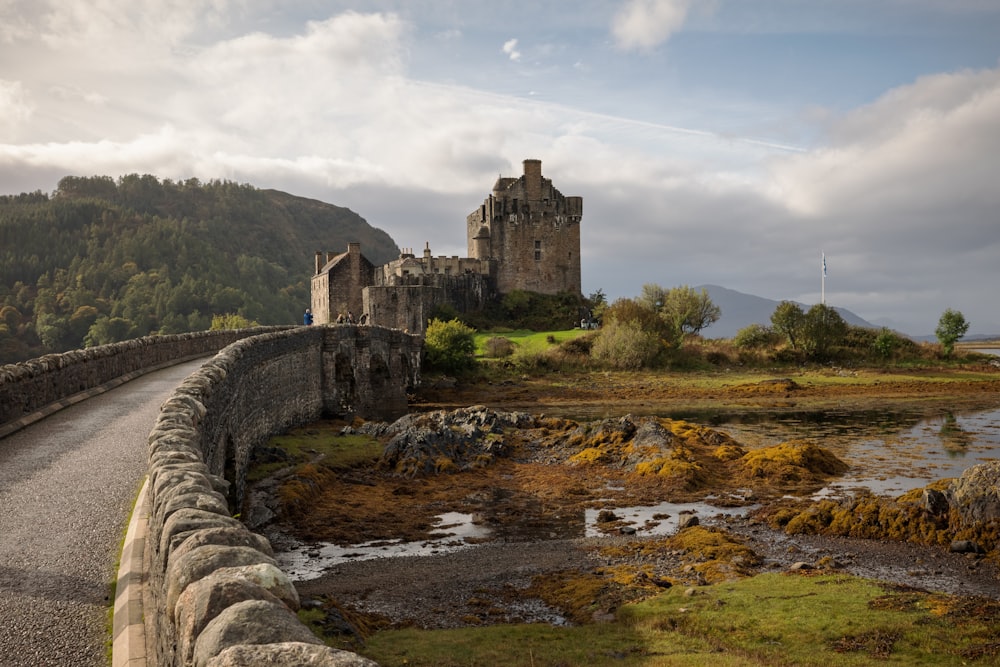 a stone bridge with a castle in the background