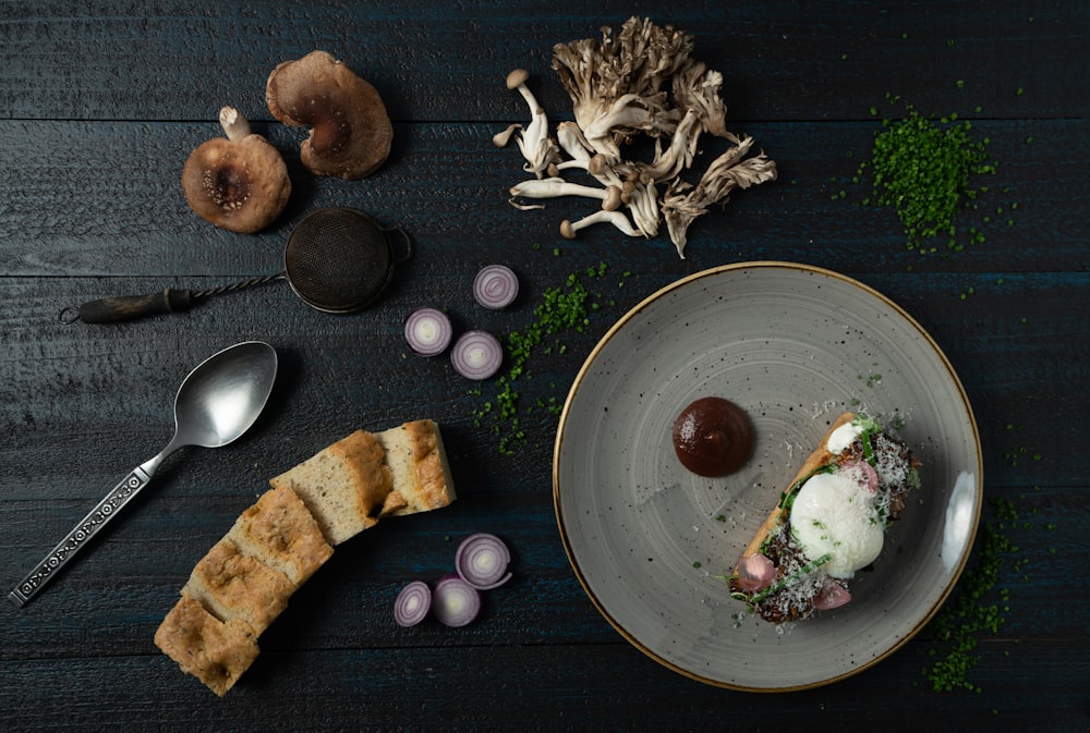 a plate of food on a wooden table