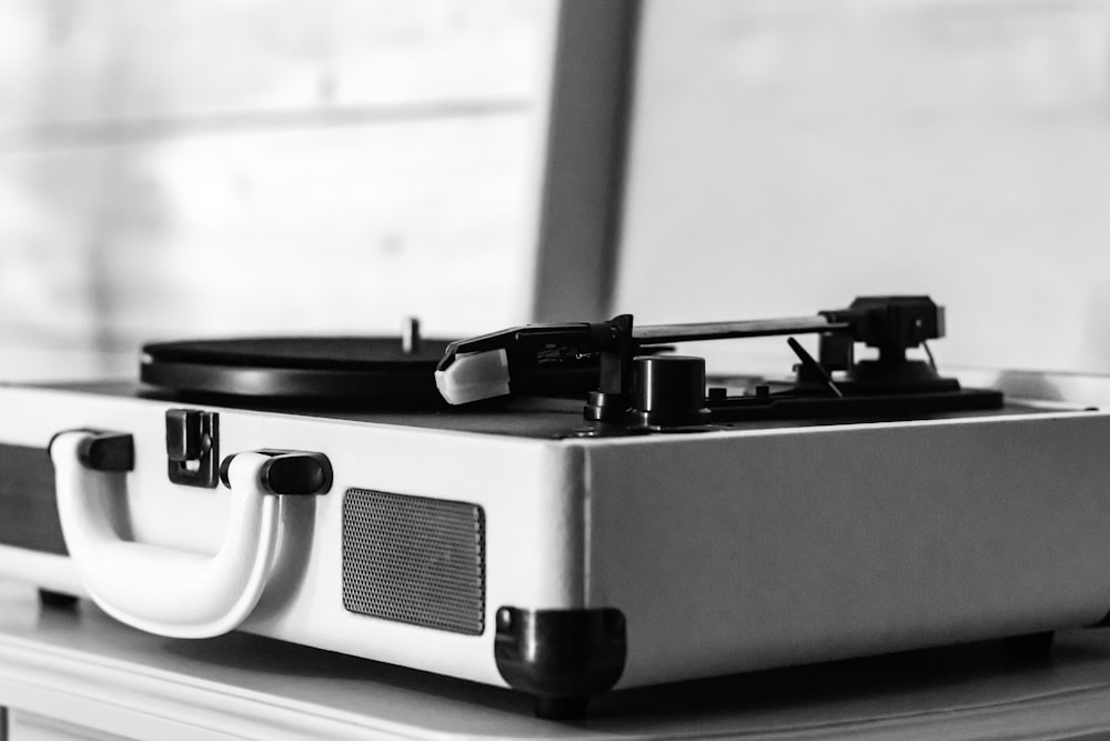 a record player sitting on top of a table