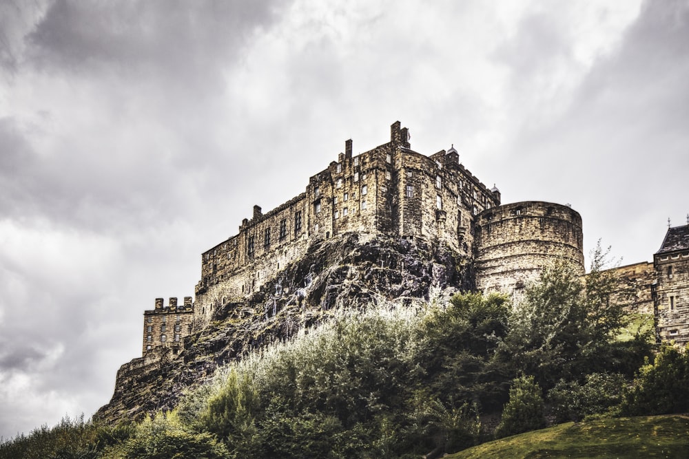 a castle on top of a hill surrounded by trees