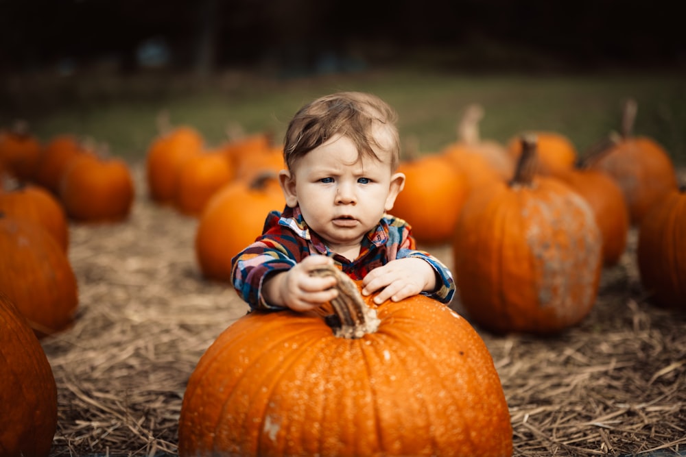 a little boy sitting on top of a pile of pumpkins