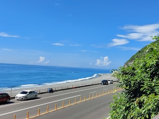 A scenic view of a coastal road with a car parked nearby.