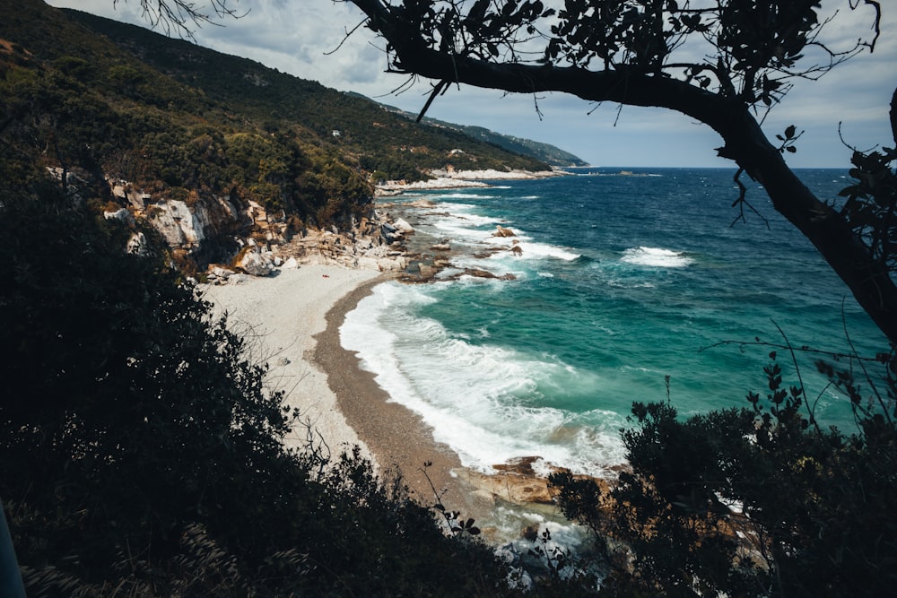 a view of a beach from a hill overlooking the ocean