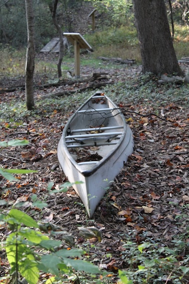 A canoe is situated on the ground amidst a wooded area with fallen leaves and greenery surrounding it. Nearby, wooden signposts are visible, suggesting a nature trail or park setting. The canoe appears unused and blends into the natural environment.