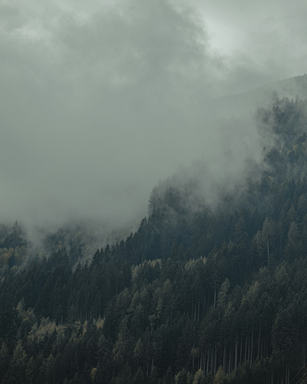 una montaña cubierta de niebla y nubes bajas