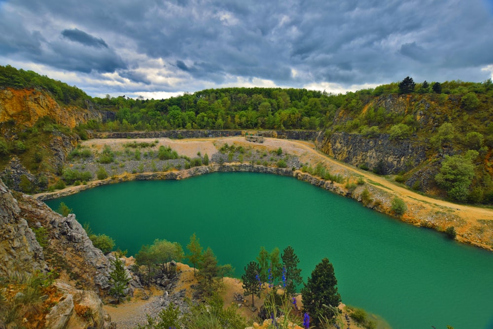 a large lake surrounded by a forest under a cloudy sky