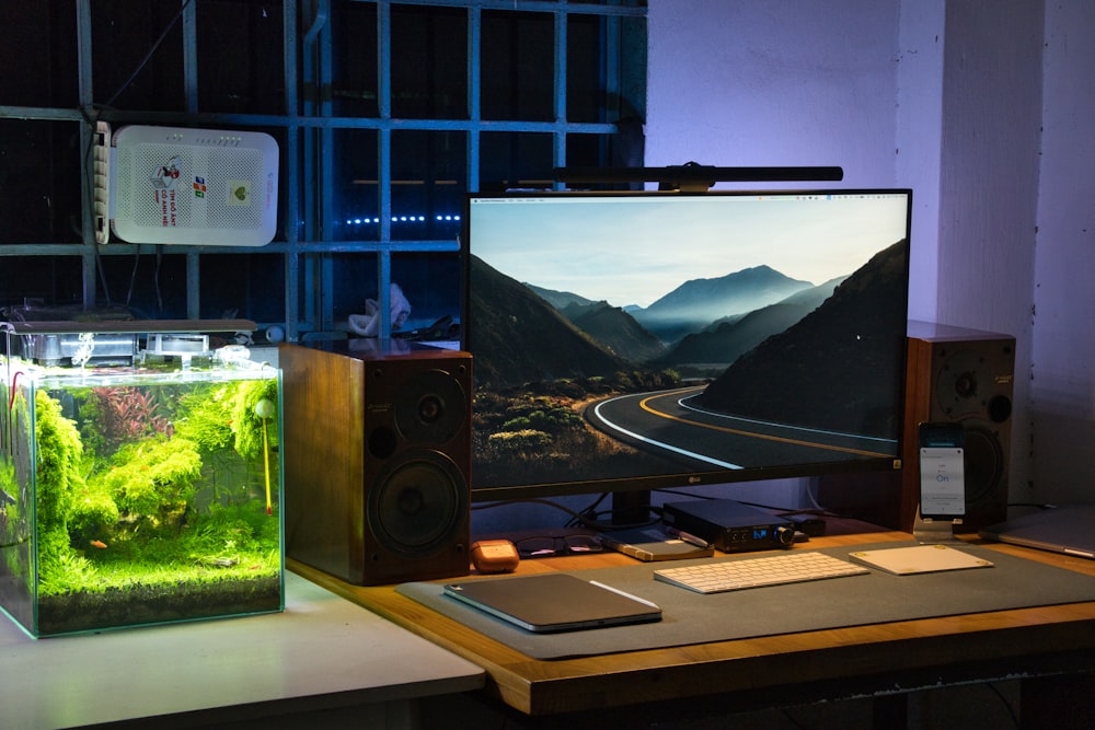 a computer monitor sitting on top of a desk