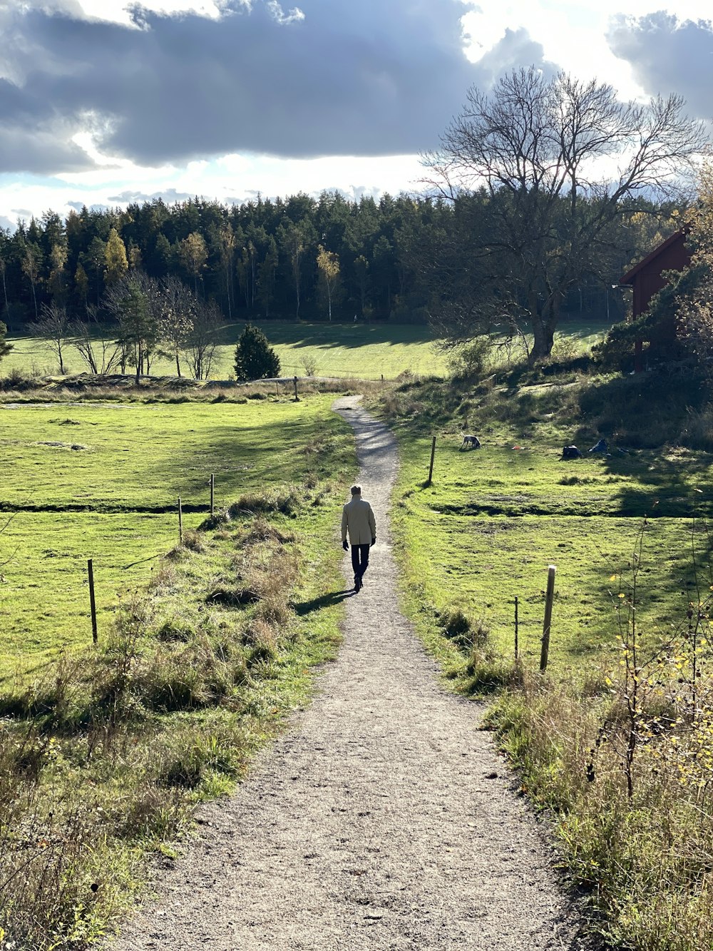 a person walking down a dirt road in a field