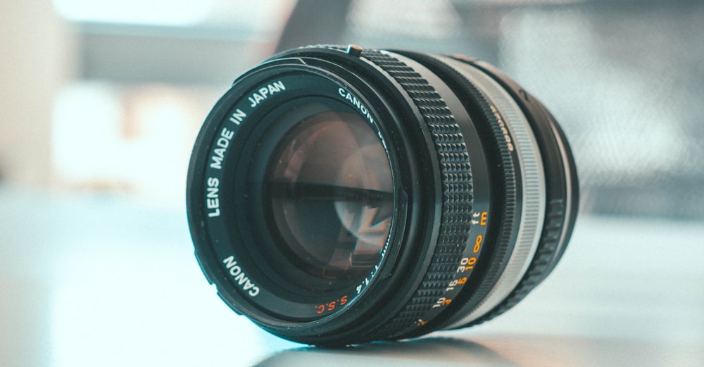 a close up of a camera lens on a table