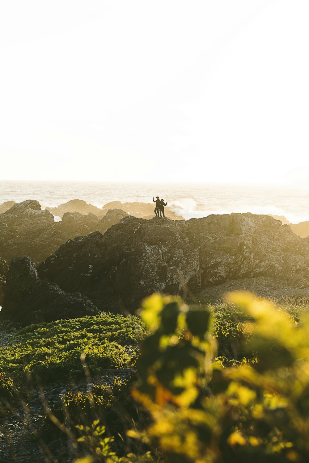 a couple of people standing on top of a lush green hillside