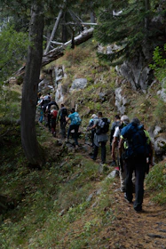 a group of people hiking up a hill