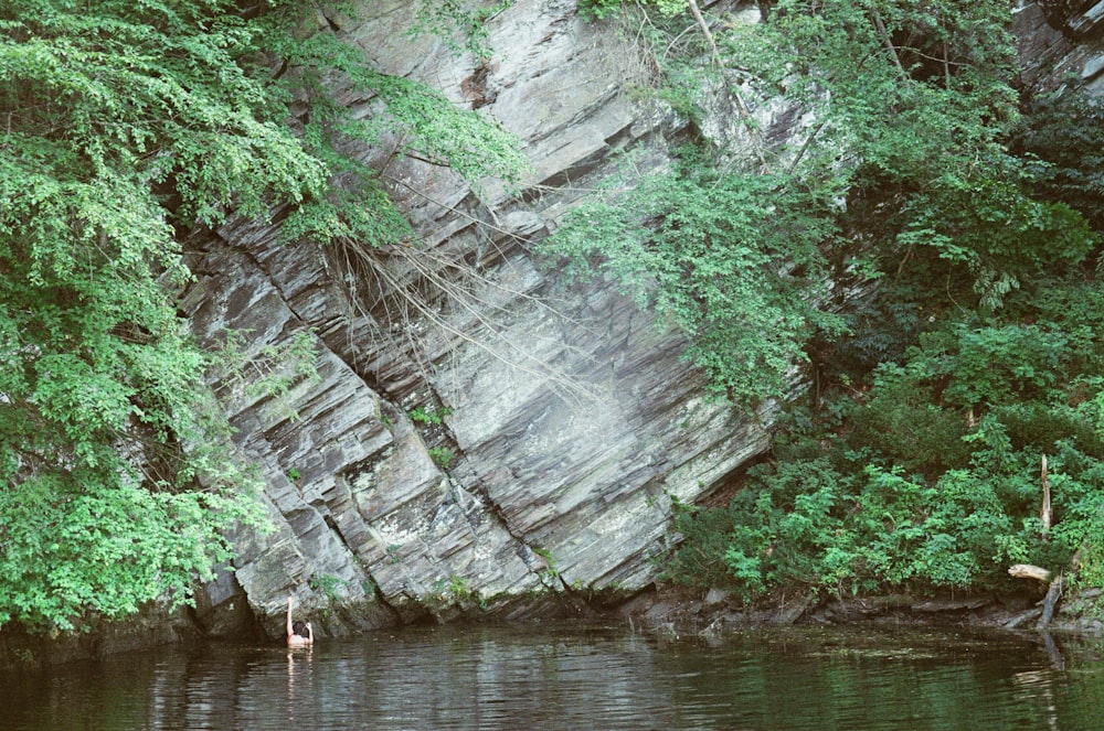 a person swimming in a river near a cliff