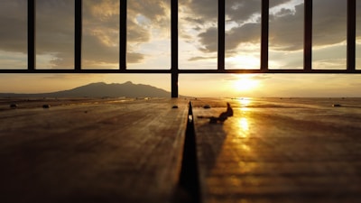 Sunset casting warm light over the large outdoor deck surrounded by nature.