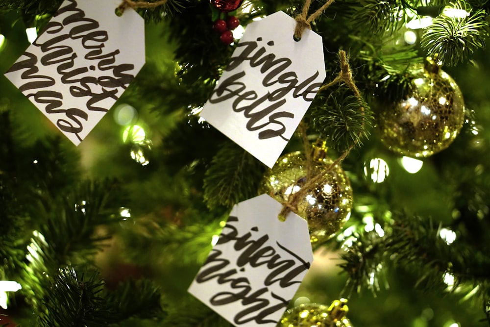 a close up of a christmas tree with ornaments