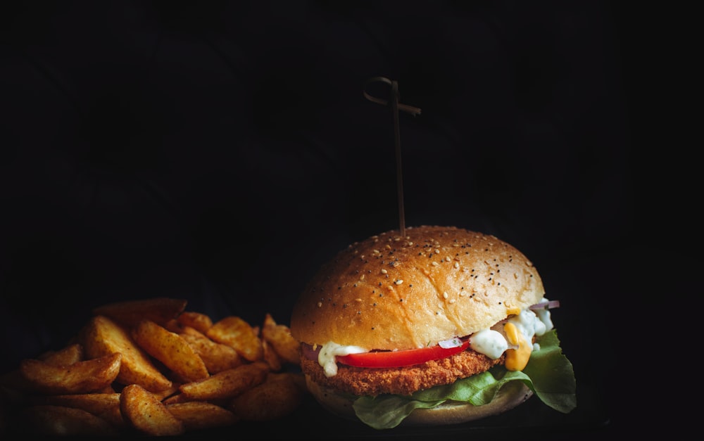 a hamburger and some fries on a table