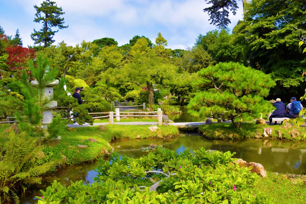 a couple of people sitting on a bench near a pond