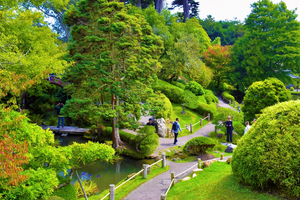 a group of people walking down a path through a lush green park