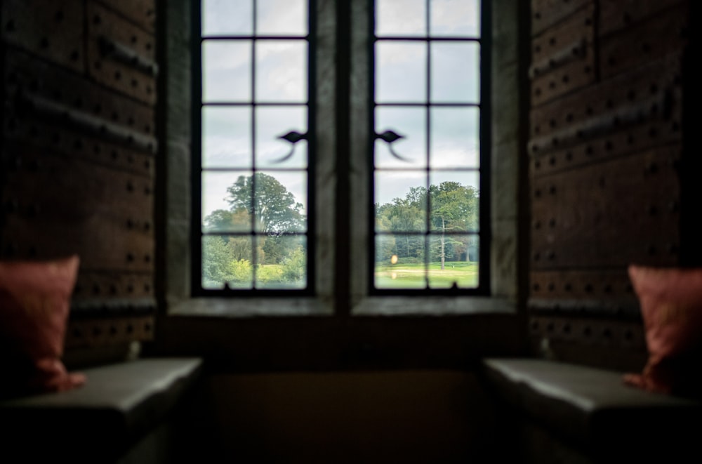 ein Fenster mit Blick auf ein Grasfeld