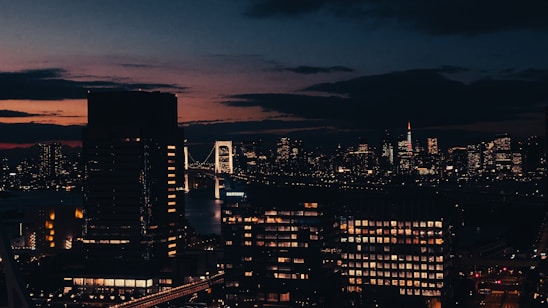 A sleek Istanbul skyline at dusk with modern high-rises and the Bosphorus Bridge glowing softly.