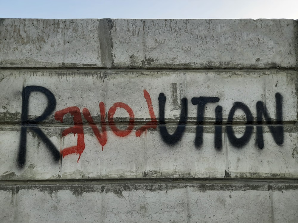 graffiti on a wall that reads revolution