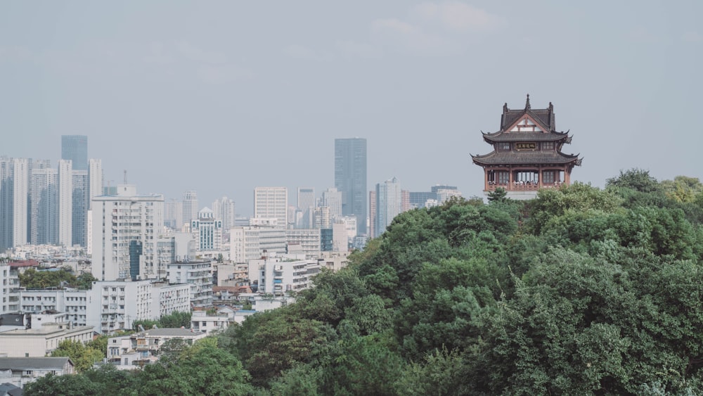 a view of a city with a pagoda on top of a hill