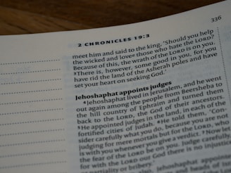 A page from a Bible displaying the text from 2 Chronicles 19:3. The page is open and shows verses discussing Jehoshaphat and his actions, appointing judges in Jerusalem.
