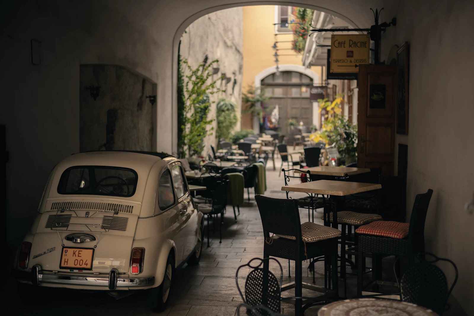 An old car in a café courtyard off the main street — Košice, Slovakia