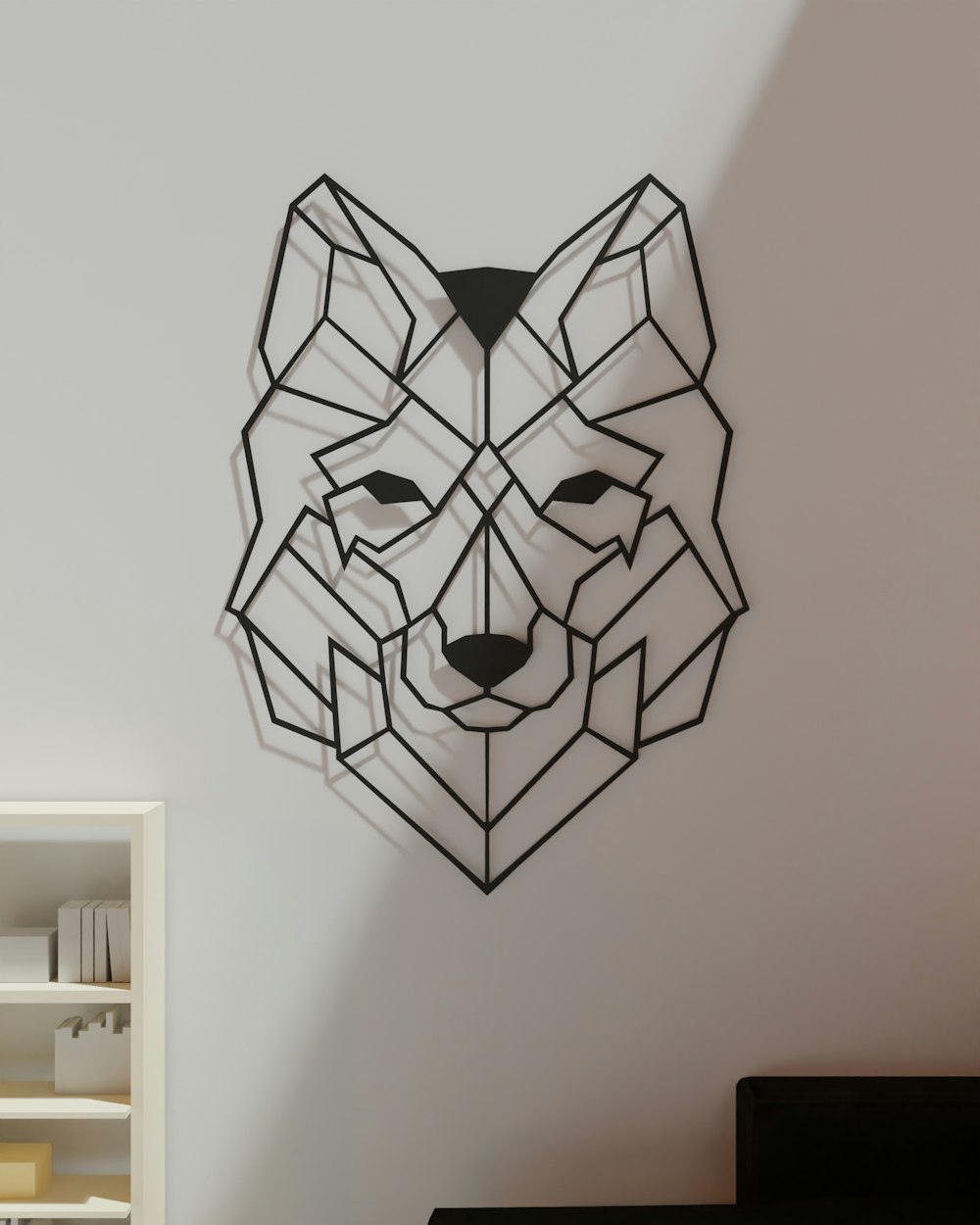 a wall clock with a geometric design of a wolf's head