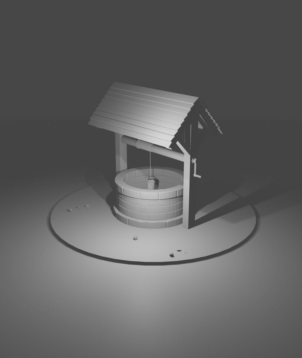 a small building with a roof and a fire hydrant