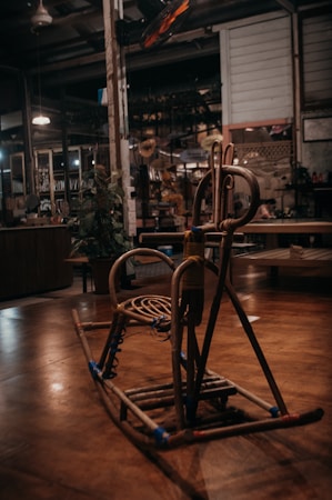 A rustic, indoor setting features a handmade wooden rocking chair as the focal point. The environment is dimly lit, enhancing the homey and vintage atmosphere. Various objects and plants are visible in the background, suggesting a cozy, eclectic space.