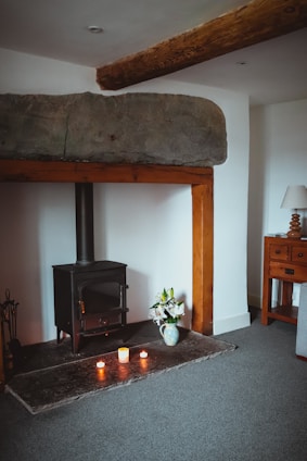 a wood burning stove in a living room