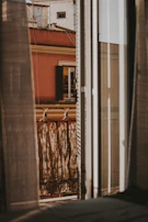 A quiet window with warm terracotta curtains filtering the afternoon sun.