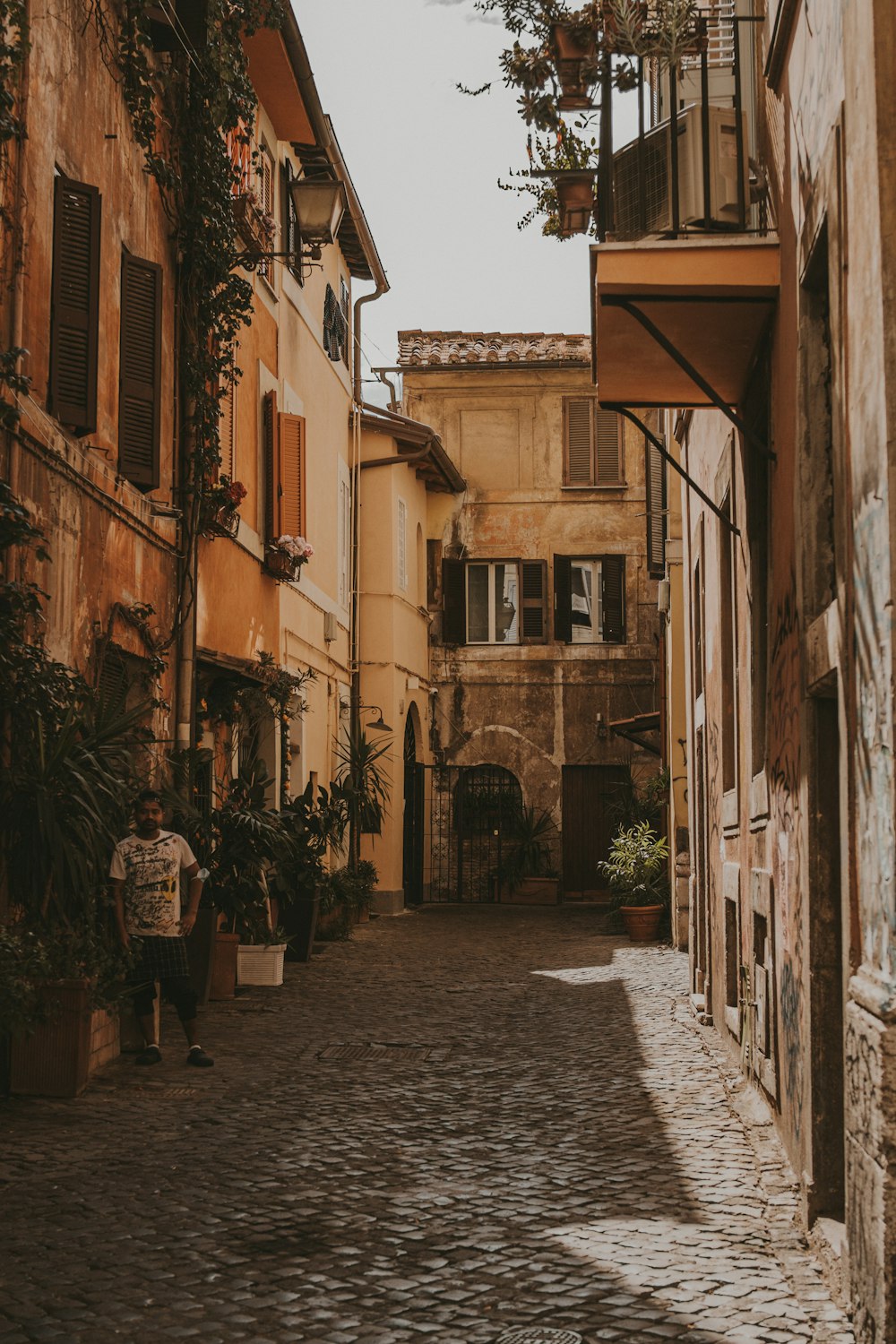 a cobblestone street in an old european city