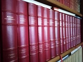 A row of classic books with red leather covers and gold lettering is neatly organized on a wooden bookshelf. The titles and authors' names appear embossed on the spines, suggesting a collection of literary works.