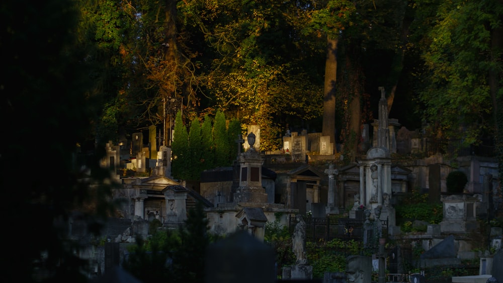 a cemetery with many headstones and trees in the background