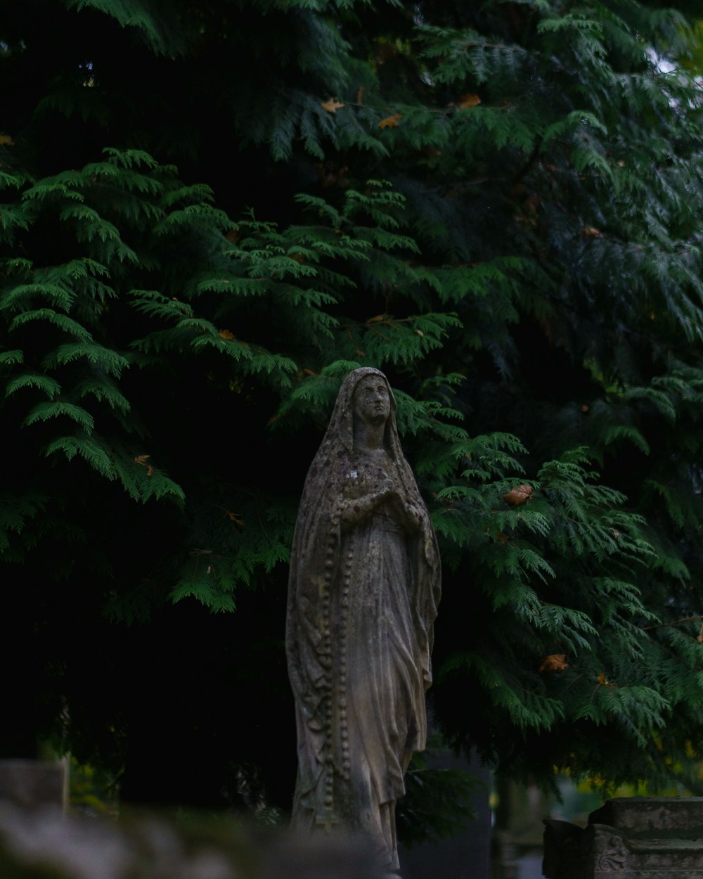 a statue of a woman standing in front of a tree