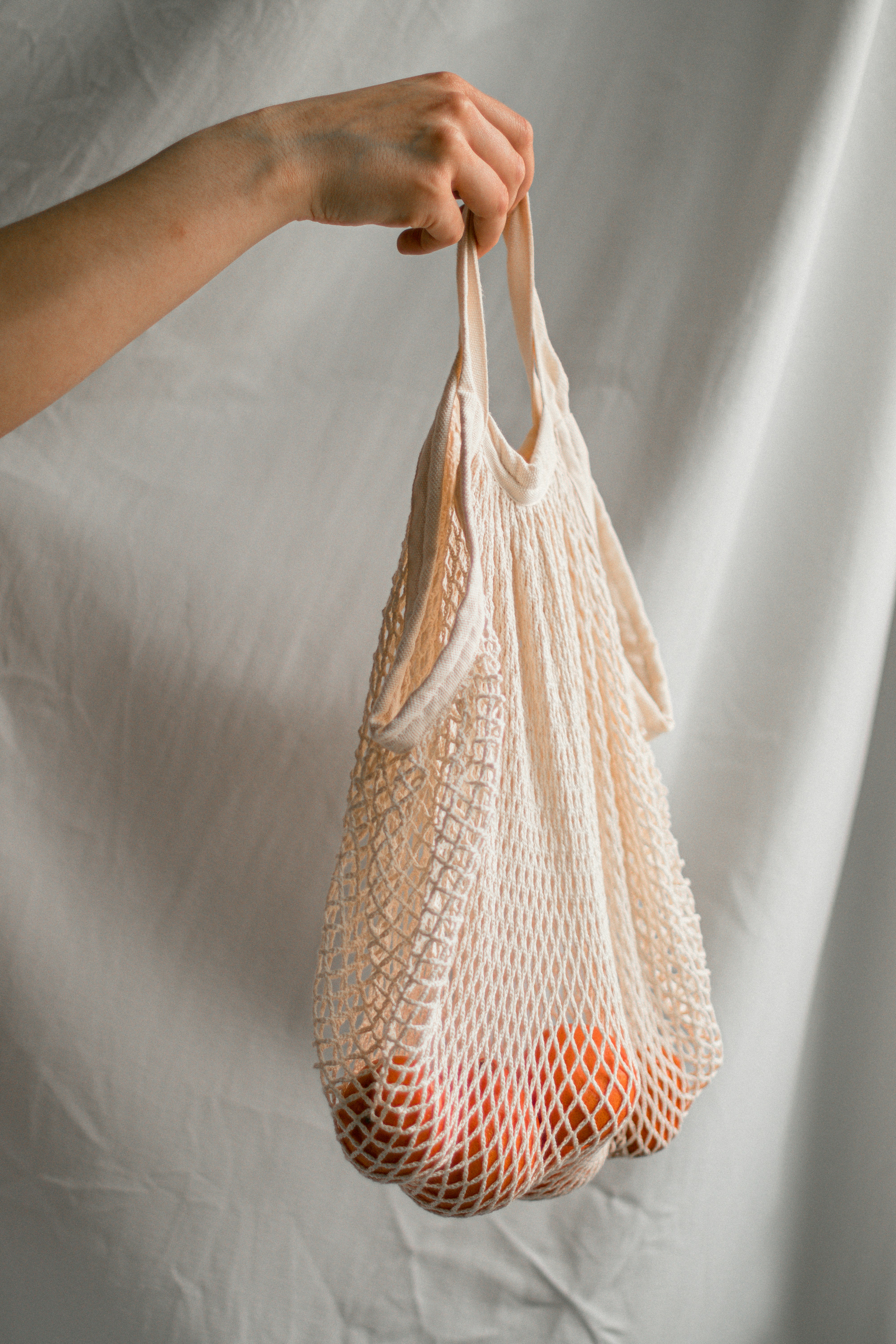 a person holding a mesh bag with two oranges in it