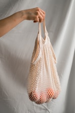 a hand holding a bag of oranges on a white background