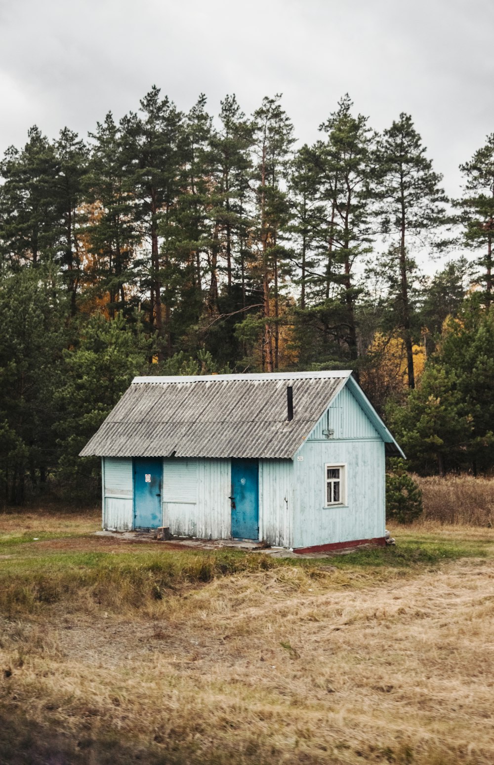 a small blue house in a field with trees in the background