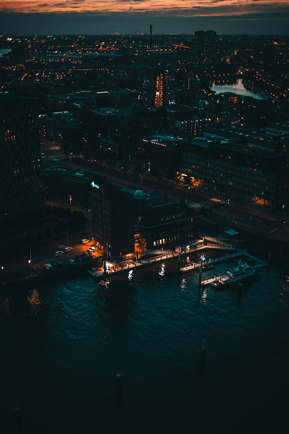 an aerial view of a city at night