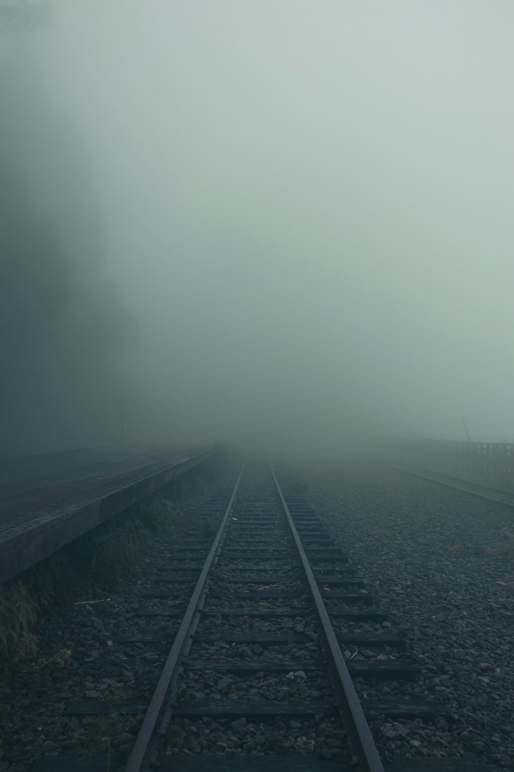 a train track in the middle of a foggy day