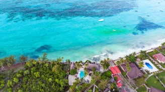 an aerial view of a beach with a boat in the water