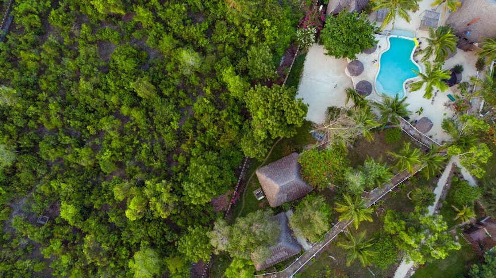 an aerial view of a resort surrounded by trees