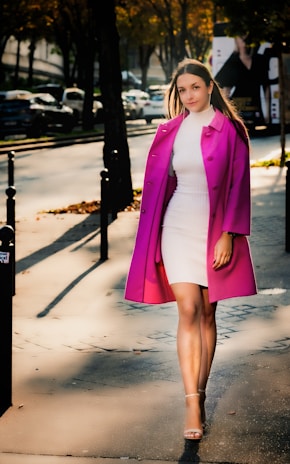 A candid shot of a model walking confidently down a sunlit street wearing a sleek, modern coat in muted gray.