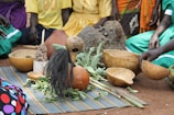 A group of people are seated on the ground, surrounding a ceremonial arrangement that includes traditional gourds, leaves, seeds, and a woven mat. The setting appears to be outdoors, with the participants dressed in colorful garments.