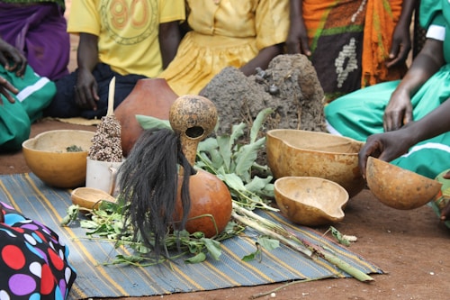 A group of people are seated on the ground, surrounding a ceremonial arrangement that includes traditional gourds, leaves, seeds, and a woven mat. The setting appears to be outdoors, with the participants dressed in colorful garments.